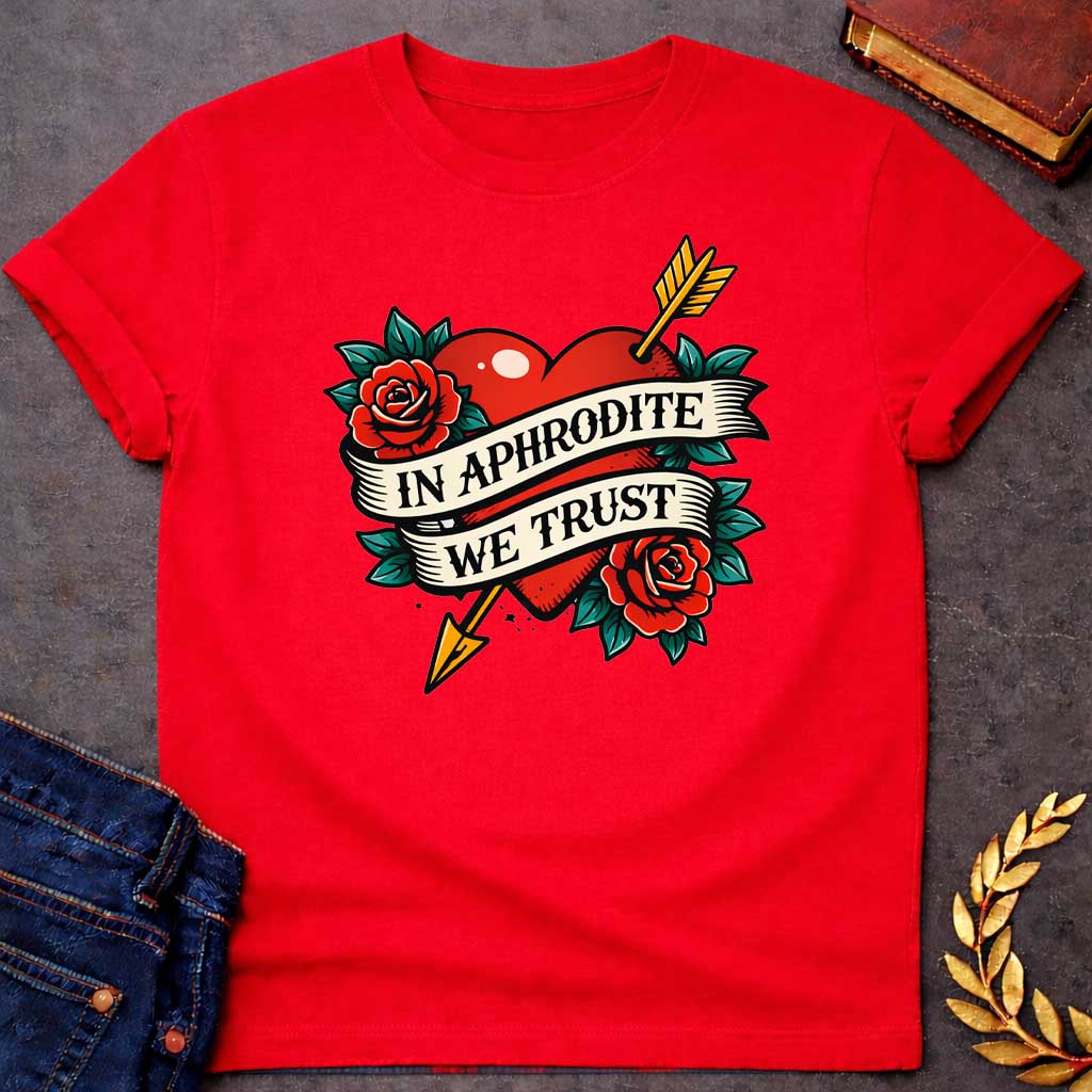Red T-shirt graphic in a classic American traditional tattoo style featuring a bold red heart pierced diagonally by a gold arrow, flanked by two red roses with teal green leaves, with a cream scroll banner wrapped around the heart reading "In Aphrodite We Trust" in black serif text — referencing Aphrodite, the Greek Goddess of Love, and Eros whose golden arrow inspired love