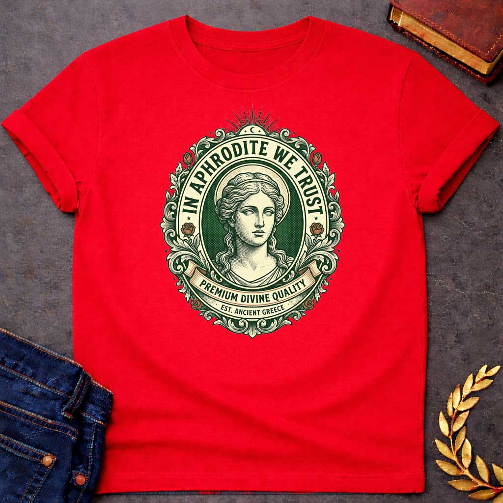 Red T-shirt graphic featuring a vintage apothecary label-style oval badge design in forest green, cream, and terracotta. A detailed engraving-style portrait of Aphrodite is centered within the badge, surrounded by ornate scrollwork and flanked by red roses, with a crescent moon and sunburst radiating from the top. Text arched around the inner circle reads "In Aphrodite We Trust," with a scroll banner below reading "Premium Divine Quality" and smaller text underneath reading "Est. Ancient Greece,"