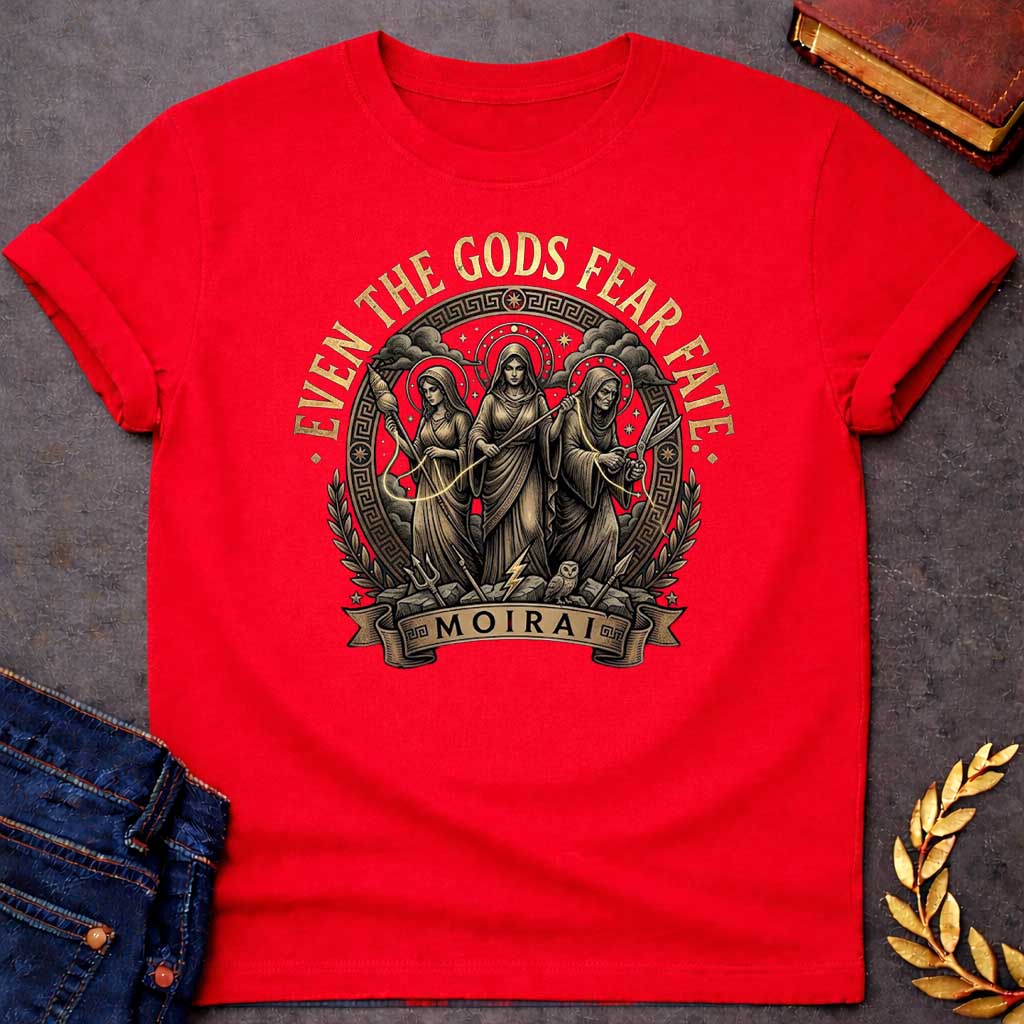 Red T-shirt graphic featuring a detailed vintage engraving-style circular badge design in gold and dark brown tones. Three robed figures representing the Moirai, the Greek Fates, stand together at the center — the first holding a spindle and thread, the middle holding a measuring rod with a lightning bolt at her feet, and the eldest holding scissors poised to cut — with an owl perched below them, framed by a Greek meander border, laurel branches, and divine halos. Gold distressed text arches above reading "
