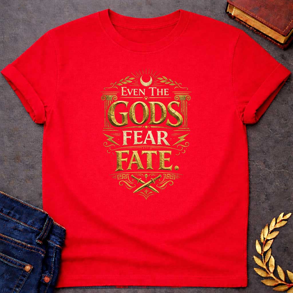 Red t-shirt featuring a high-contrast, mythic gold design. The text reads 'EVEN THE GODS FEAR FATE.' in distressed, 3D chiseled gold letters. The typography is framed by Greek architectural elements: an Ionic column on each side, a top crescent moon with laurel branches, jagged lightning bolts, and a bottom section with crossed ancient daggers above a Greek key pattern. The overall aesthetic resembles weathered, metallic ancient stone carvings, creating a vintage and powerful look.