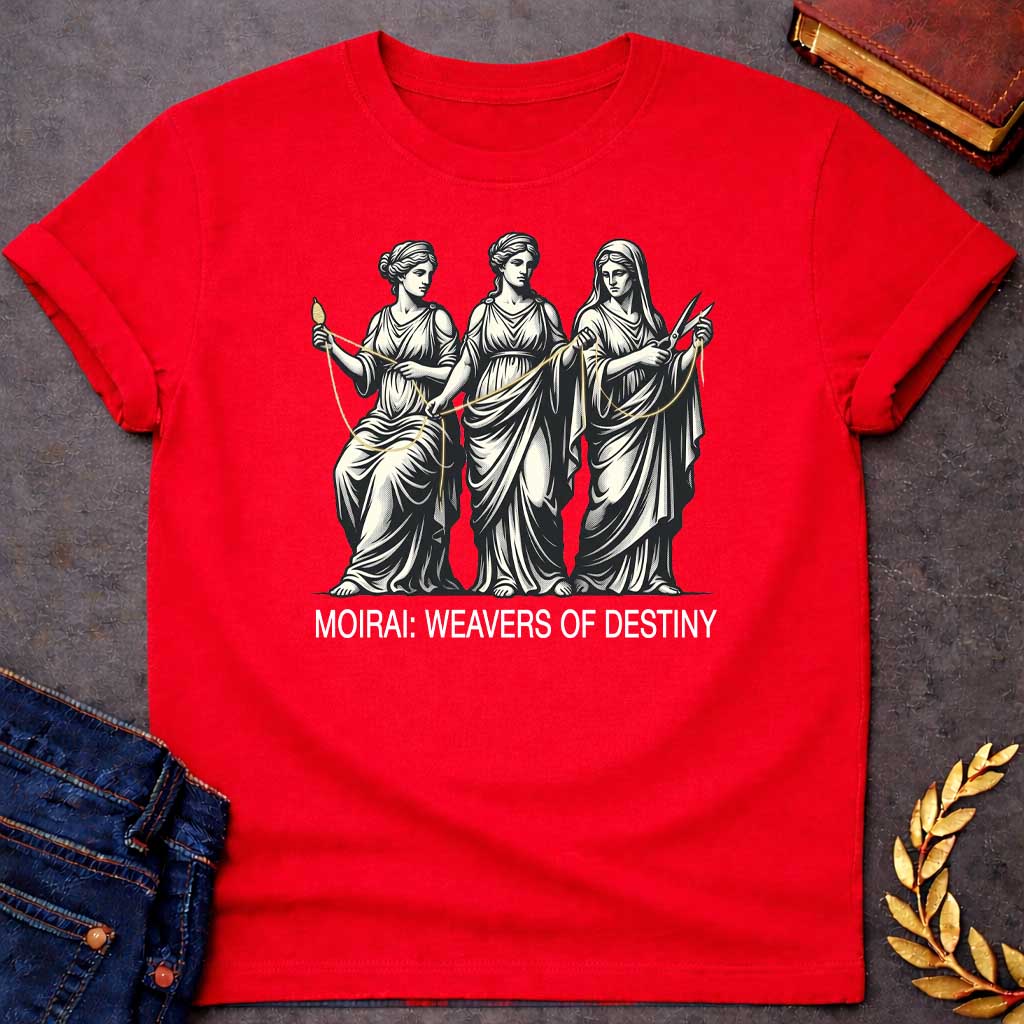 Red T-shirt graphic in cream and gold on black featuring a detailed classical engraving-style illustration of the three Moirai, the Greek Fates, depicted as robed women in draped Grecian gowns — the first seated and spinning a golden thread from a spindle, the middle measuring and guiding the thread, and the third holding scissors ready to cut — with a single golden thread visibly connecting all three figures. Bold white sans-serif text below reads "Moirai: Weavers of Destiny,"