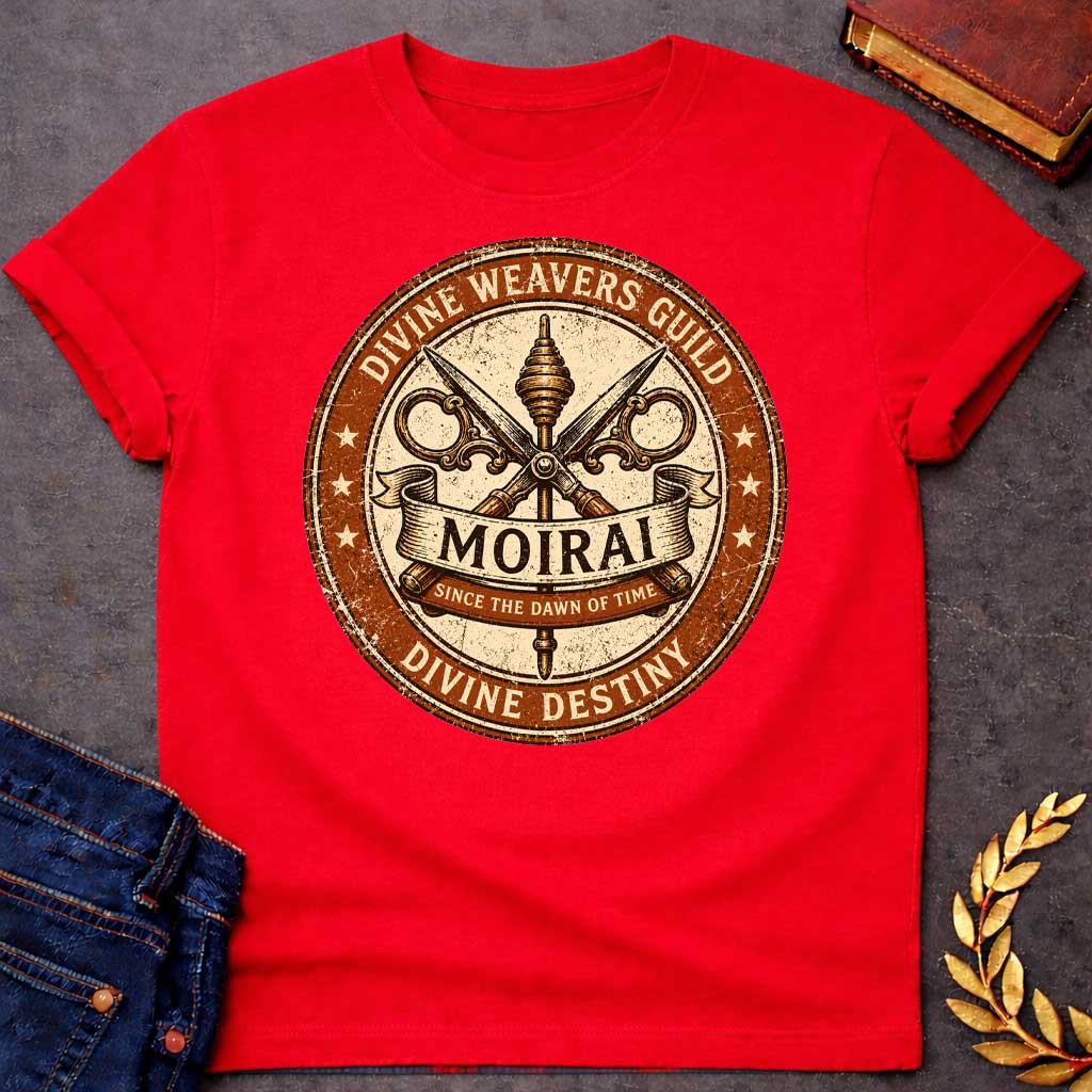 Red T-shirt graphic featuring a distressed vintage trade guild seal design in burnt orange, cream, and dark brown. A central spindle crossed with ornate decorative scissors forms the badge's main emblem, with a scroll banner reading "Moirai" and a smaller ribbon below reading "Since the Dawn of Time." The outer ring reads "Divine Weavers Guild" arched above and "Divine Destiny" arched below, with small stars evenly spaced around the border, rendered in a weathered aged stamp style,