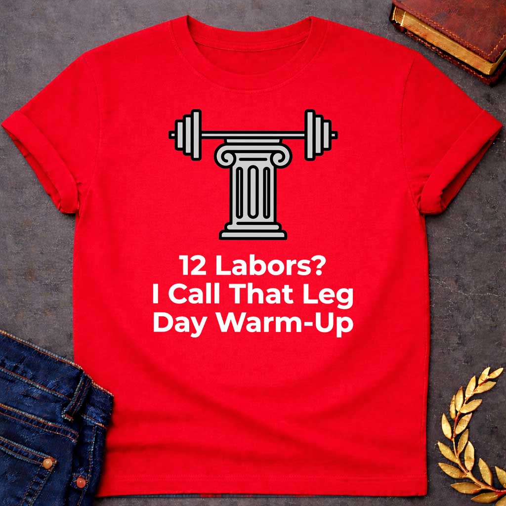 Red T-shirt with a graphic design. At the top, there is a gray illustration of a classical Greek column supporting a barbell with weight plates on both sides. Below the illustration, the white text reads: "12 Labors? I Call That Leg Day Warm-Up"