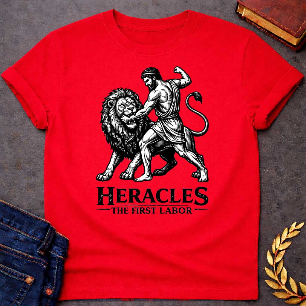 Red T-shirt. The illustration features a woodcut-style depiction of the Greek hero Heracles wrestling the Nemean lion. Below the artwork, the text reads in black "HERACLES" in a large, distressed serif font, followed by the smaller subtitle "THE FIRST LABOR,"