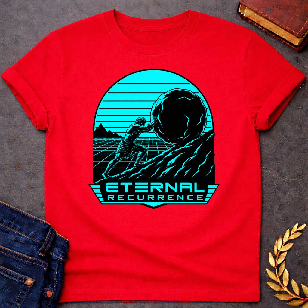 Red T-Shirt with a stylized, synthwave-inspired graphic design.  The illustration features a muscular figure representing Sisyphus pushing a large boulder up a rocky hill. The background is a cyan-colored grid landscape with a setting sun, typical of 1980s retro aesthetics, all contained within an arched frame. Below the illustration, in a futuristic, bold cyan font, is the text "ETERNAL RECURRENCE,"