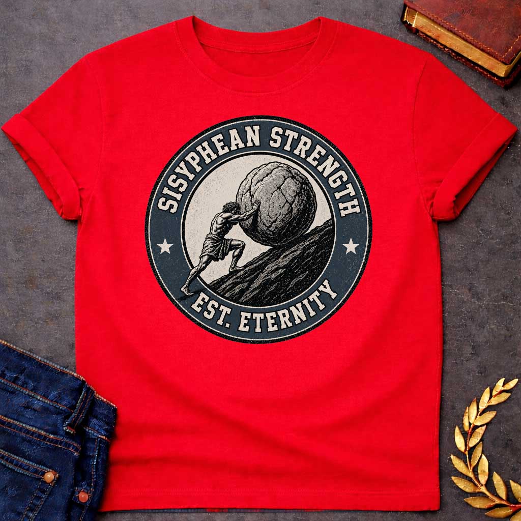 Red T-Shirt with a circular, vintage-style badge design.  The illustration features a woodcut-style depiction of Sisyphus pushing a massive boulder up a steep, rocky hill. Encircling the artwork is a dark blue, textured border with the text "SISYPHEAN STRENGTH" arched at the top and "EST. ETERNITY" at the bottom, accented by a small white star on either side