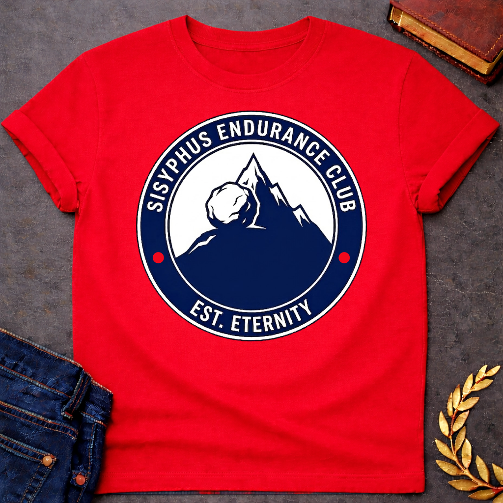 Red T-Shirt with a circular, emblem-style graphic design. The center features a dark blue silhouette of a mountain with a large boulder resting near the peak. Surrounding this illustration is a dark blue ring with white text that reads "SISYPHUS ENDURANCE CLUB" arched at the top and "EST. ETERNITY" at the bottom, with two small red dots separating the text on the sides.