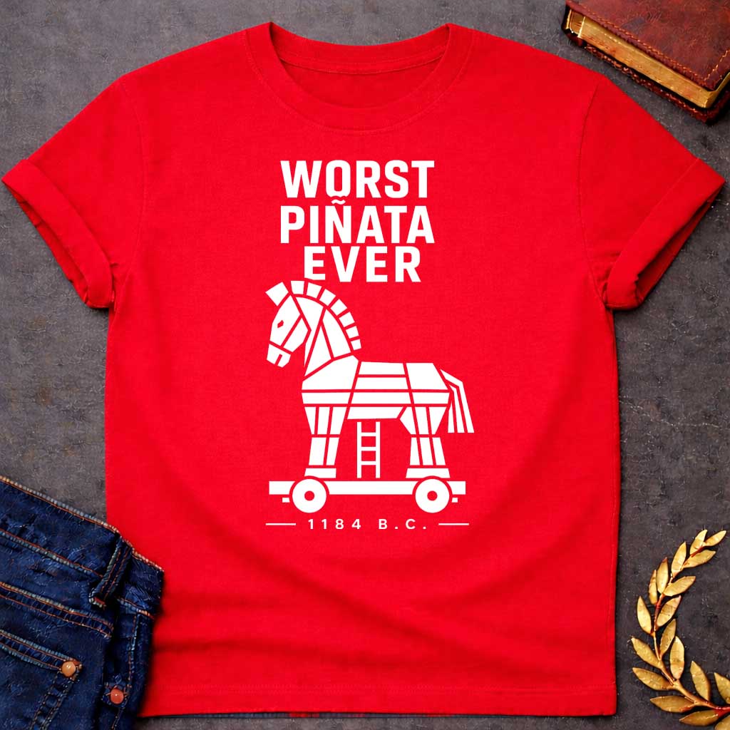Red T-shirt with a graphic in white featuring bold condensed sans-serif text reading "Worst Piñata Ever" above a detailed flat geometric white silhouette illustration of the Trojan Horse on a wheeled platform with a visible ladder underneath, with a small datestamp below reading "— 1184 B.C. —" — a humorous reference to the Greek legend of the Trojan War