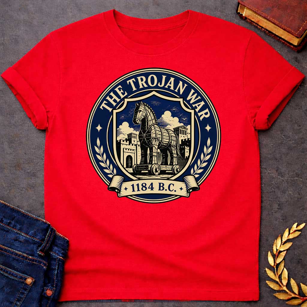 Red T-shirt with a graphic featuring a formal vintage seal design in navy and cream. A detailed engraving-style illustration of the Trojan Horse on wheels is centered within a shield, set against the walled city of Troy with Greek temple columns and dramatic clouds. Text arched around the outer circle reads "The Trojan War" with gold diamond stars, flanked by cream laurel branches, and a scroll banner below reads "1184 B.C." — referencing the legendary Trojan War from Greek mythology