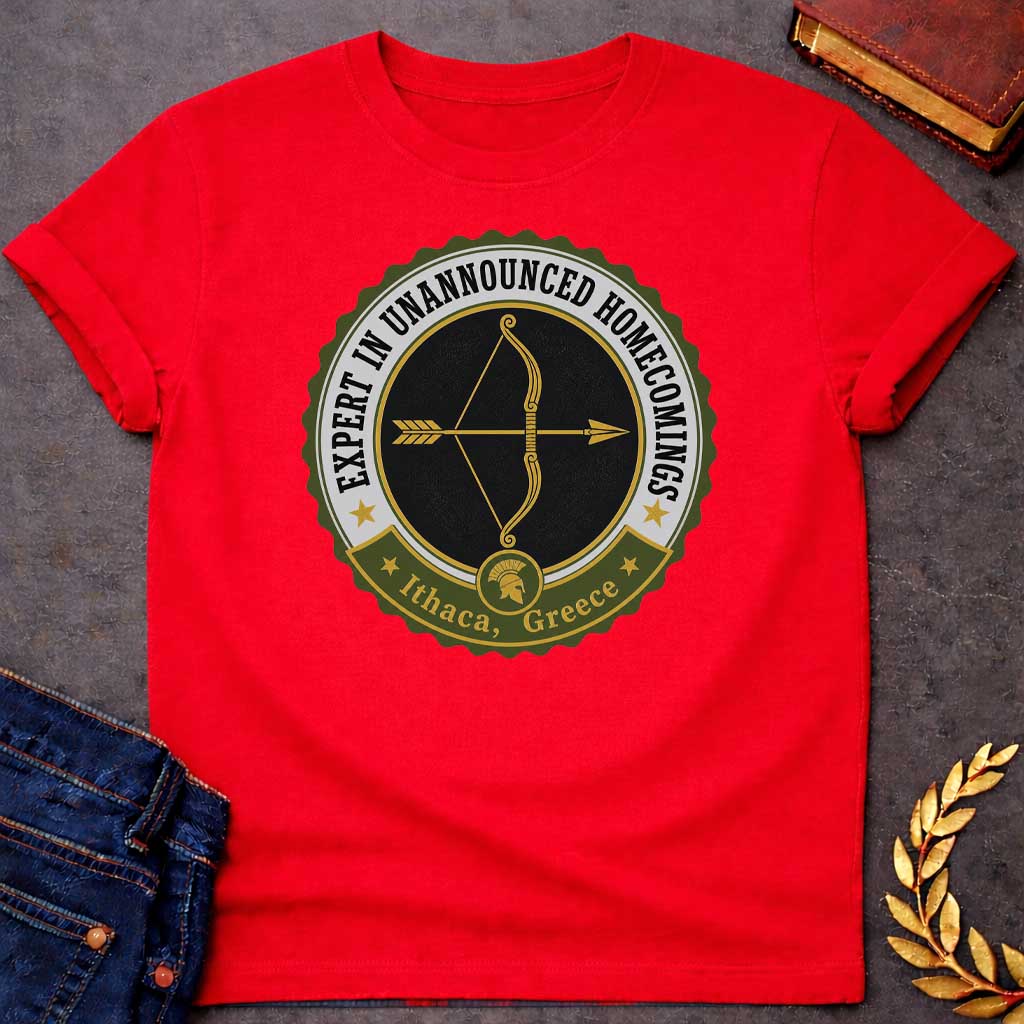 Red T-shirt with a graphic featuring a vintage military challenge coin-style badge design in olive green, black, gold, and white. A golden bow and arrow are centered on a black background within the circular badge, with text arched around the outer ring reading "Expert in Unannounced Homecomings" flanked by gold stars. A green ribbon banner at the bottom features a Spartan helmet medallion and reads "Ithaca, Greece" with gold stars — a humorous reference to Odysseus, the hero of Homer's Odyssey who famously