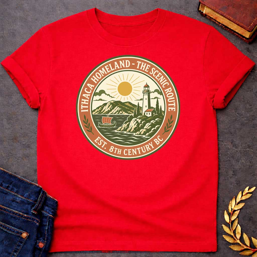 Red T-Shirt with a Circular badge design for Ithaca Homeland - The Scenic Route, established 8th Century BC. The vintage-style emblem features a coastal Mediterranean landscape with a lighthouse, small white building with red roof, cypress trees, and rolling hills in the background. A golden sun with radiating rays shines above the scene, while stylized waves crash in the foreground. A traditional Greek ship with an orange sail floats on the water. The design uses an earthy color palette of olive green, ter