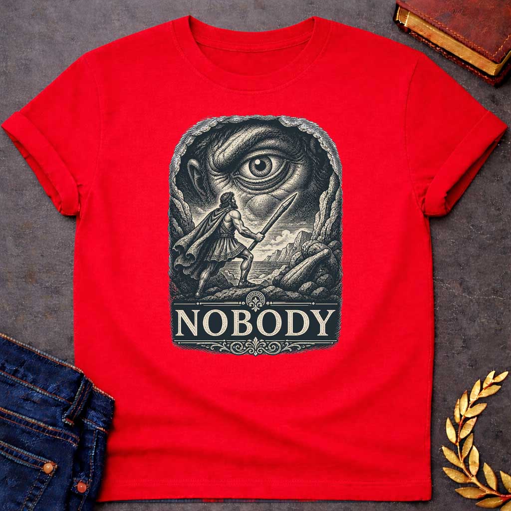 Red T-Shirt with a Vintage engraving illustration of Odysseus confronting Polyphemus the Cyclops. A Greek warrior in armor wields a wooden stake, facing an enormous eye that dominates the composition. The scene is rendered in intricate crosshatching with cream and dark blue-black tones. At the bottom, ornate typography spells 'NOBODY' in classical serif letters, referencing Odysseus's famous trick of calling himself 'Nobody' to escape the Cyclops. 