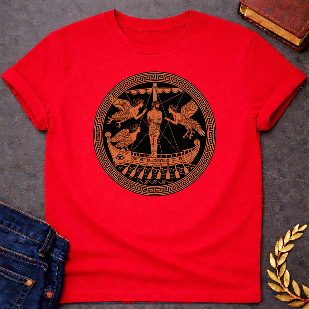 Red T-Shirt with an Ancient Greek red-figure pottery design depicting Odysseus lashed to the mast of his ship as he encounters the Sirens. A bearded man is bound to the central mast, surrounded by three winged Sirens with women's heads and birds' bodies. The ship features an eye on the hull, oars, and decorative scrollwork. Rendered in terracotta orange against black, enclosed in a Greek key border. Represents the Homeric episode where Odysseus hears the Sirens' song without succumbing to their allure.