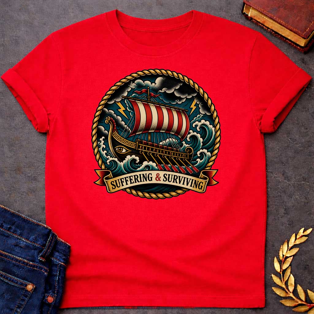 Red T-Shirt with a traditional tattoo-style illustration of a Greek warship battling through a storm at sea, enclosed in a circular rope border. The vessel features an eye on its dark hull, red and cream striped sail, and multiple oars. The ship navigates turbulent teal waves under stormy skies with yellow lightning bolts. A ribbon banner reads 'SUFFERING & SURVIVING.' Rendered in bold vintage tattoo aesthetic with deep teals, reds, golds, and blacks, emphasizing perseverance through adversity.