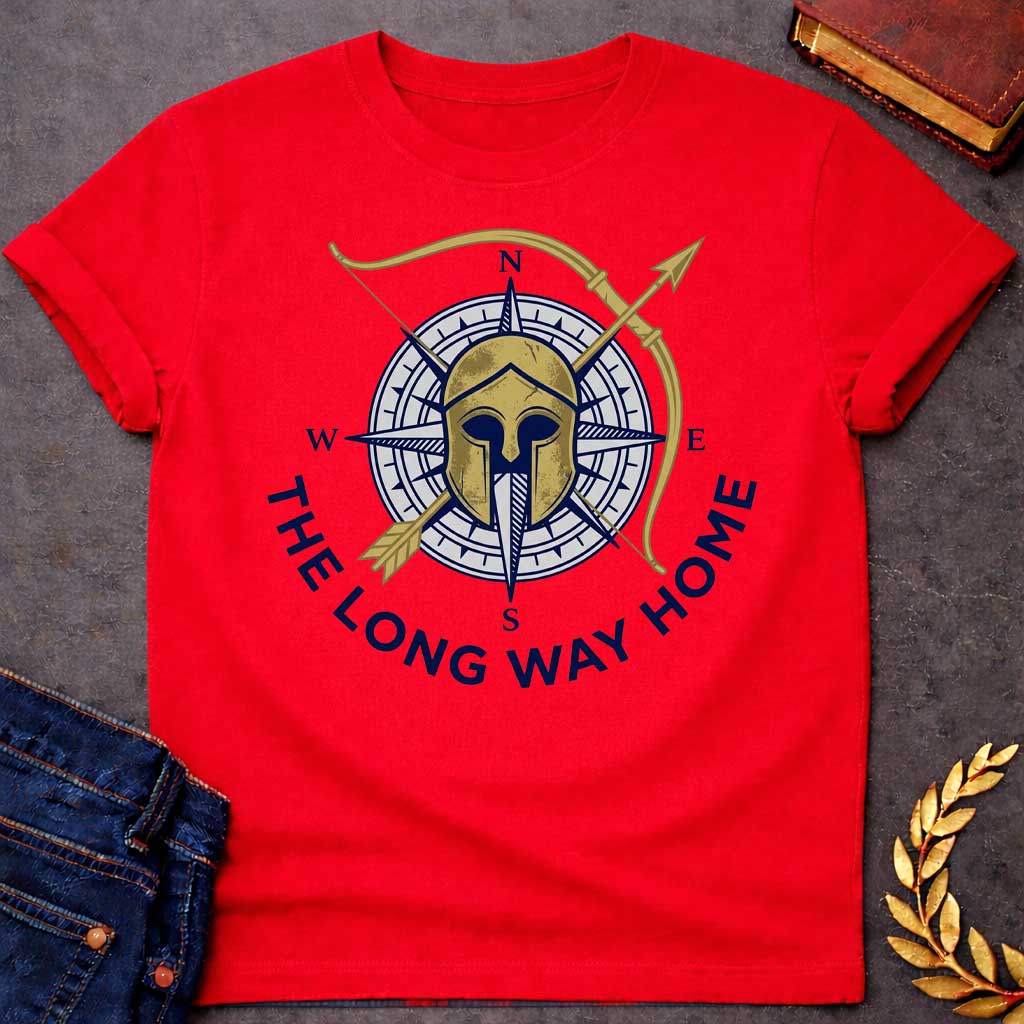 Red T-Shirt with a logo design combining Greek warrior imagery with nautical navigation elements. A weathered gold Corinthian helmet overlays a navy blue and white compass rose showing cardinal directions (N, S, E, W). A golden bow and arrow cross diagonally behind. Text reading 'THE LONG WAY HOME' curves around the bottom in navy blue. References Odysseus's epic journey in Homer's Odyssey, blending ancient Greek military symbolism with maritime wayfinding to evoke adventure, perseverance, and the voyage ho