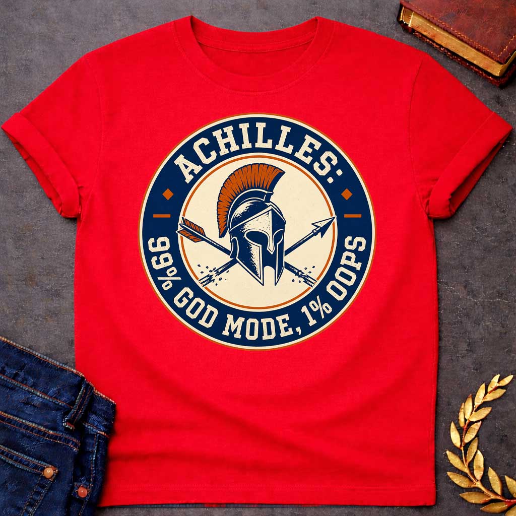Red T-Shirt with a circular badge design in navy blue, cream, and burnt orange featuring a Greek Corinthian helmet with orange horsehair crest, crossed by two arrows. Styled like a vintage achievement badge. Text reads 'ACHILLES:' at top, '99% GOD MODE, 1% OOPS' at bottom. Humorously references Achilles and his famous vulnerability—his heel—suggesting he was nearly invincible (99% in 'god mode') except for one fatal weakness (1% 'oops'). Distressed, retro aesthetic mimics vintage sports or gaming badges.