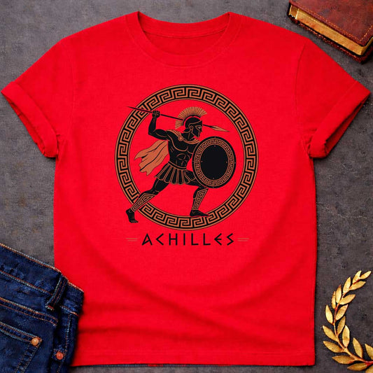 Red T-Shirt with an ancient Greek red-figure pottery style illustration of Achilles in dynamic battle pose. The muscular figure is rendered in black silhouette with terracotta-orange details, wearing a crested Corinthian helmet, pleated skirt, flowing cape, and greaves. He holds a round shield with Greek key pattern and raises a spear overhead. Enclosed in a circular border with orange and black meander pattern. Below, 'ACHILLES' is written in geometric font. Evokes classical Greek pottery art.
