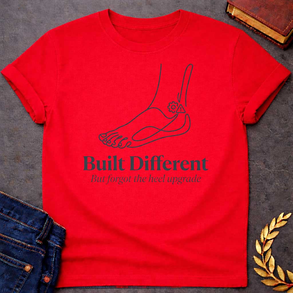 Red T-Shirt with a minimalist line drawing of a human foot and ankle in dark gray profile, with a gear and a warning triangle icon near the heel. Below, bold serif text reads 'Built Different' and italicized text says 'But forgot the heel upgrade.' This design is a humorous, modern take on the myth of Achilles, playing on the slang 'built different' while joking that the hero's famous weakness was like a manufacturing defect or a forgotten software update 