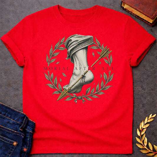 Red T-Shirt with a classical engraving-style illustration depicting Achilles' fatal vulnerability. A muscular leg and foot rendered in detailed cross-hatching, draped in cloth with Greek key pattern. A golden arrow pierces the heel. Framed by a laurel wreath with olive-green leaves and falling leaves, symbolizing victory and mortality. Elegant serif text reads 'MORTAL AFTER ALL.' Muted tones of cream, grey, olive green, and gold create a somber quality reflecting Achilles' death by arrow to his only vulnera