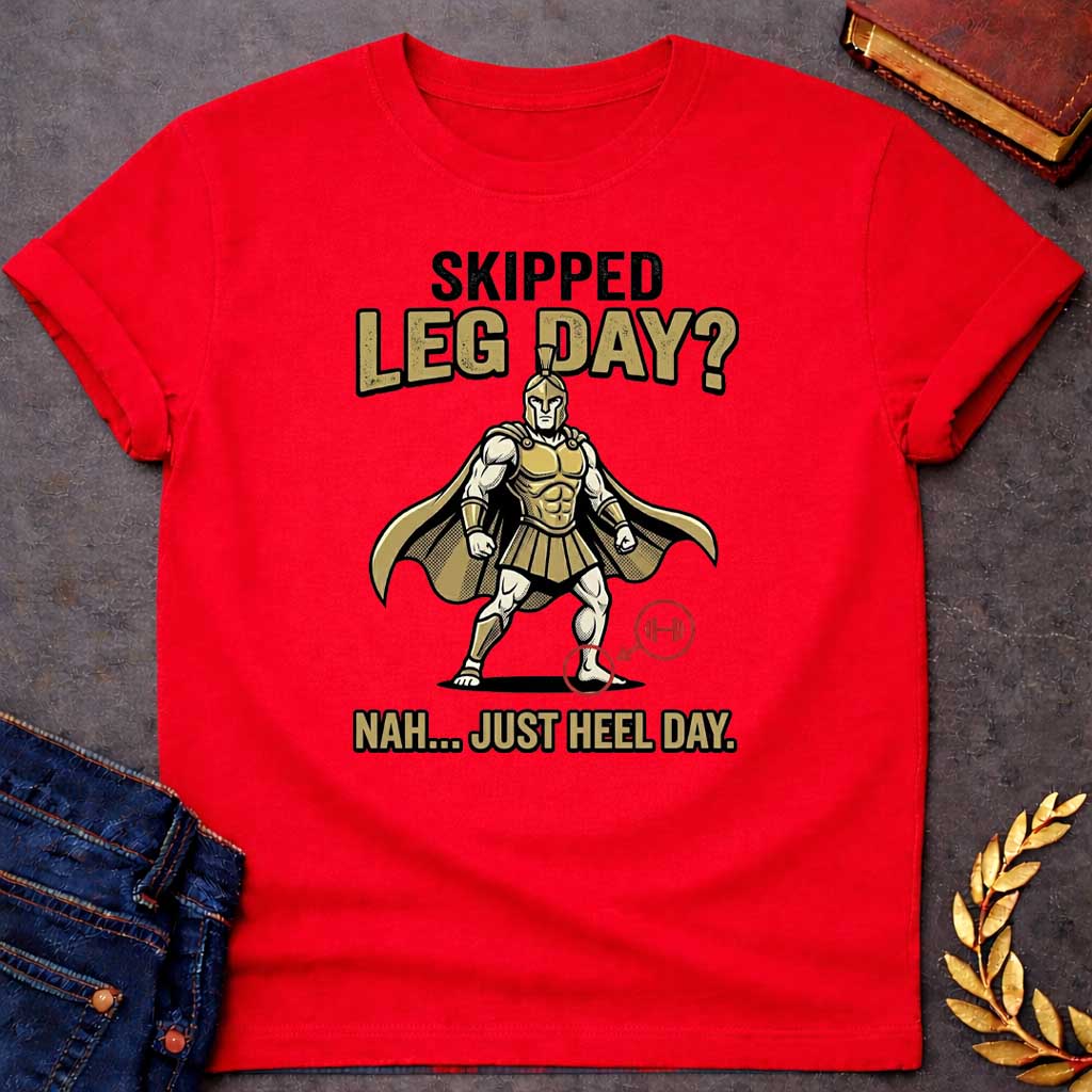 Red T-Shirt with a humorous cartoon combining Greek mythology with gym culture. A muscular Greek warrior in heroic stance wears gold Corinthian helmet, armor with defined abs, pleated skirt, and cape. The warrior has an exaggerated upper body but the left heel is circled in red with an arrow pointing to a barbell icon. Text reads 'SKIPPED LEG DAY?' above and 'NAH... JUST HEEL DAY' below. Comedic mashup referencing Achilles' vulnerable heel and the modern fitness joke about skipping leg day.