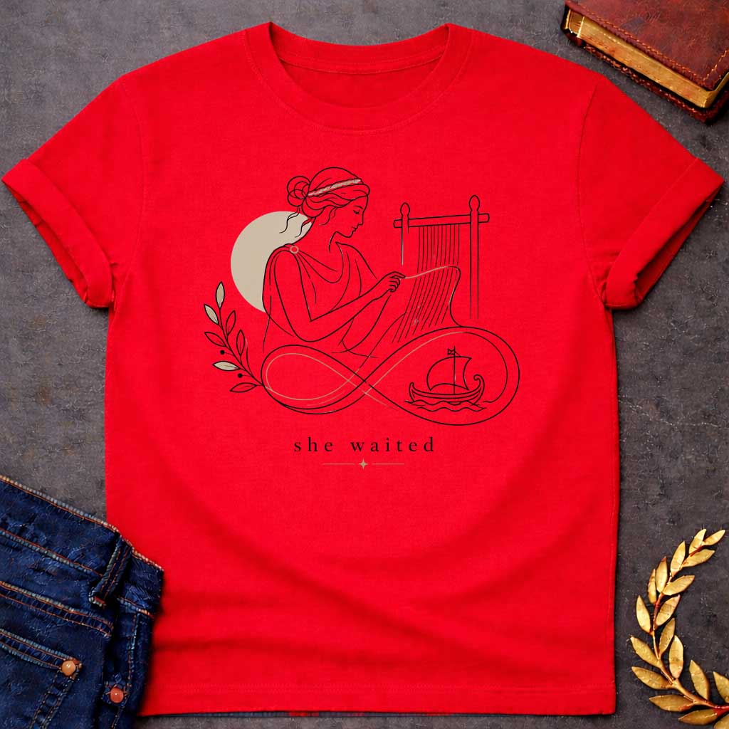Red T-Shirt with a Minimalist line art of Penelope weaving at a loom, wearing classical Greek robes with braided hair. Rendered in elegant black linework with tan accents. An infinity symbol flows from the loom, incorporating an olive branch and Greek ship, symbolizing endless waiting for Odysseus. Text reads 'she waited' in serif font with decorative star. Gentle design honoring Penelope's faithful devotion and patience during her husband's 20-year absence.
