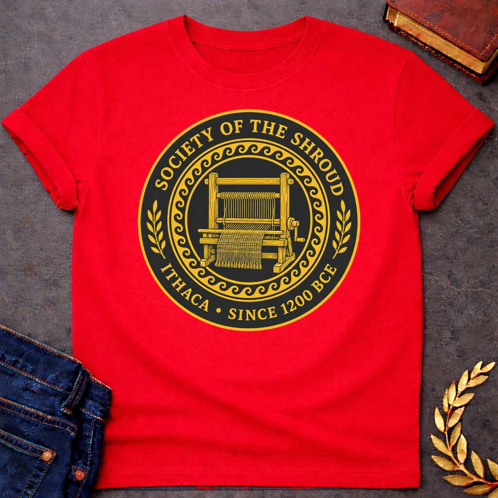 Red T-Shirt with a circular emblem in gold and black featuring a detailed weaving loom at the center with partially woven fabric. Enclosed by a decorative wave pattern border. Text reads 'SOCIETY OF THE SHROUD' around the top arc, with 'ITHACA • SINCE 1200 BCE' along the bottom. Wheat sheaf motifs flank either side. References Penelope's famous shroud-weaving from Homer's Odyssey, styled as a formal organizational seal with classical Greek design elements.