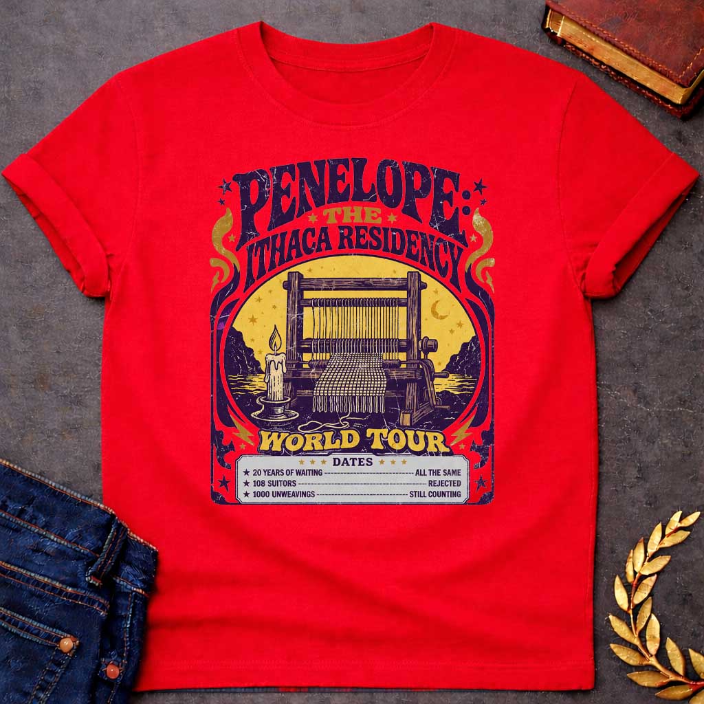 Red T-Shirt with a vintage concert poster parody in purple and gold featuring Penelope's loom. Text reads 'PENELOPE: THE ITHACA RESIDENCY' and 'WORLD TOUR' in distressed lettering. Central image shows a wooden loom with candle against a golden circular backdrop with cypress trees. Humorous tour dates list: '20 YEARS OF WAITING - ALL THE SAME', '108 SUITORS - REJECTED', '1000 UNWEAVINGS - STILL COUNTING.' Art Nouveau-style design with decorative flourishes references Penelope's faithful waiting in The Odysse