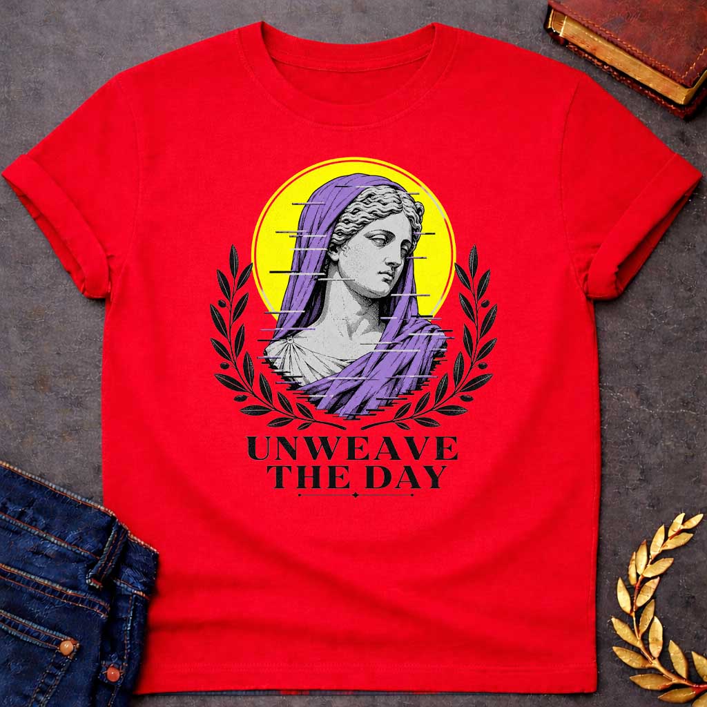 Red T-Shirt with a Modern vaporwave-style design featuring a classical Greek statue bust with digital glitch effect. Gray engraved figure wears purple veil against bright yellow circular background. Horizontal black glitch lines disrupt the image. Flanked by black olive branch wreaths. Bold text reads 'UNWEAVE THE DAY' below. References Penelope's nightly unweaving from The Odyssey, reimagined with contemporary digital aesthetic combining ancient Greek art with modern glitch art style.