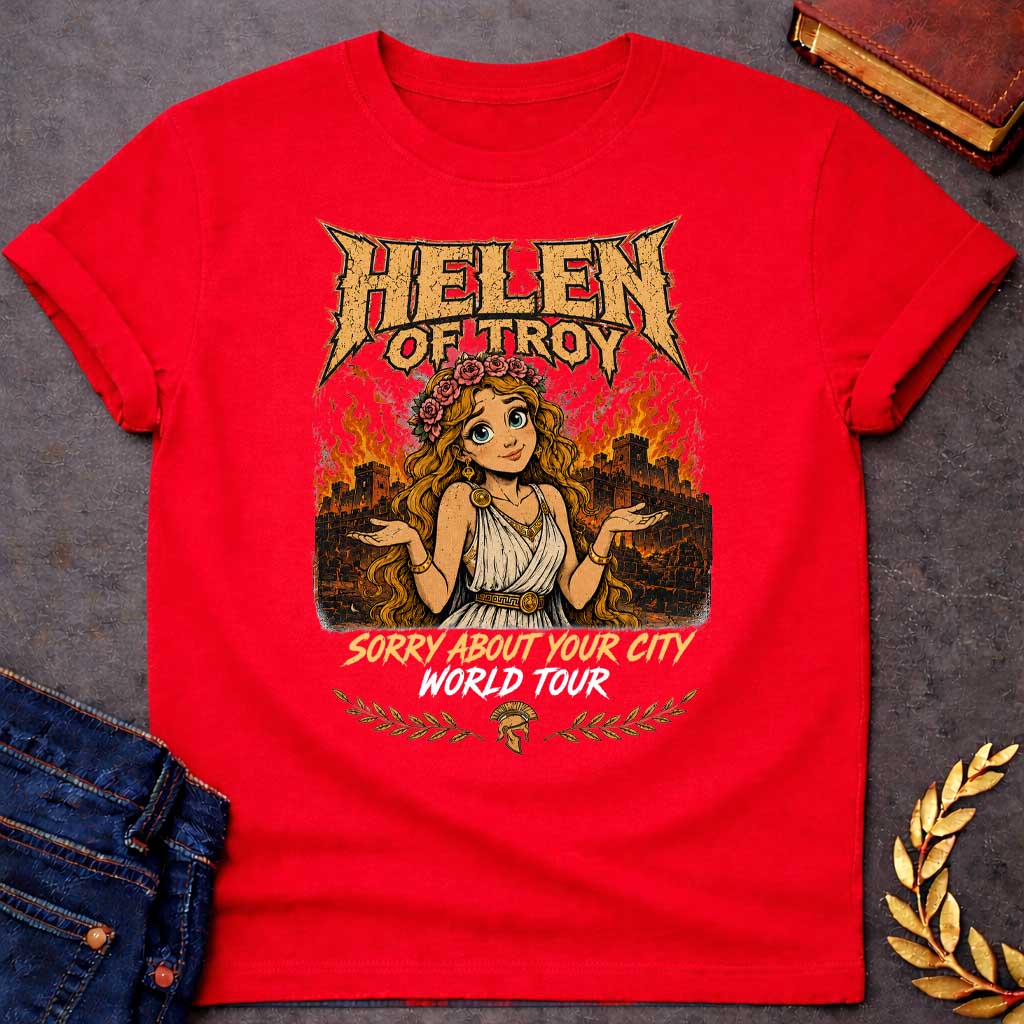 Red T-shirt with a heavy metal style graphic featuring a cartoon Helen of Troy with big blue eyes and a flower crown. She shrugs playfully while standing in front of a burning ancient city wall. At the top, "HELEN OF TROY" is written in a jagged, metallic font. Below her, the text reads "SORRY ABOUT YOUR CITY" in gold  and "WORLD TOUR" in white brush script, accented by a Spartan helmet and laurel leaves.