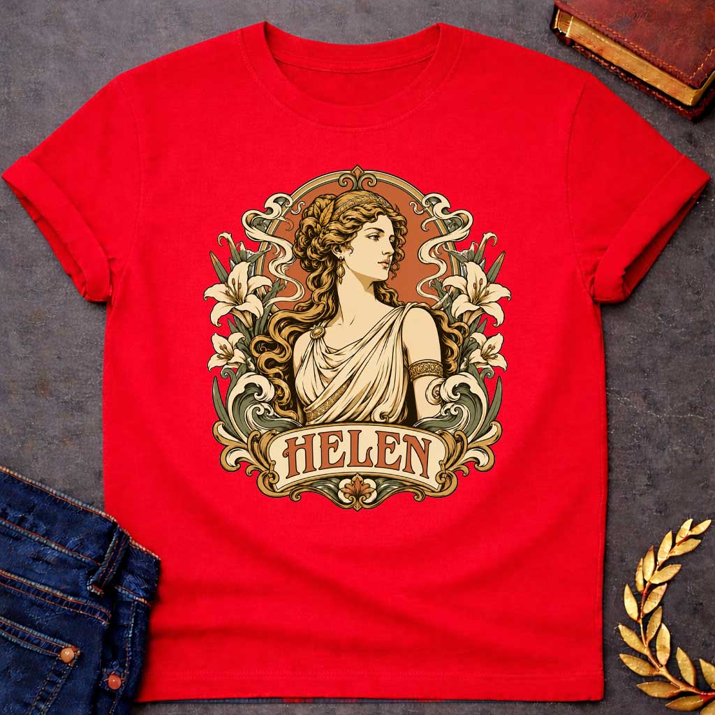 Red T-shirt with an Art Nouveau style t-shirt graphic featuring a profile portrait of Helen of Troy. She has flowing wavy hair, a gold headband, and an elegant cream-colored Greek chiton. The design is framed by an ornate, vintage border decorated with blooming white lilies and flowing ribbons. At the bottom, an elegant banner displays the name "HELEN" in an antique font, featuring a warm terracotta and muted green color palette