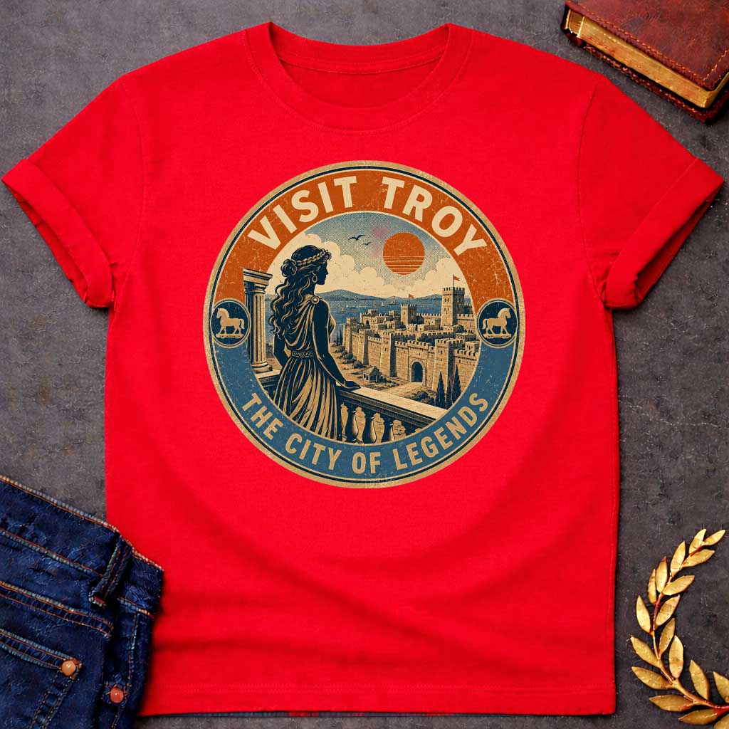 Red T-shirt with a vintage, distressed travel-badge style design. A woman in a Greek dress stands on a balcony, looking out at the walled city of Troy, the sea, and a setting orange sun. The circular logo has a textured cream, orange, and blue color palette. The top border reads "VISIT TROY" and the bottom reads "THE CITY OF LEGENDS." Small circular icons featuring the Trojan Horse accent both sides of the frame.