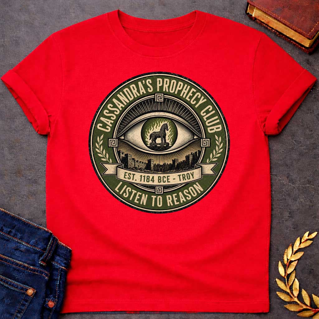 Red T-shirt with a Vintage circular badge in olive green, cream, and black featuring an all-seeing eye at center with the Trojan Horse surrounded by flames in the pupil. Below the eye are the walls of Troy. Text reads 'CASSANDRA'S PROPHECY CLUB' around the top arc, 'EST. 1184 BCE - TROY' on a banner, and 'LISTEN TO REASON' along the bottom. Wheat sheaves and Greek key patterns decorate the sides. Distressed texture. References Cassandra's ignored warnings about the Trojan Horse.