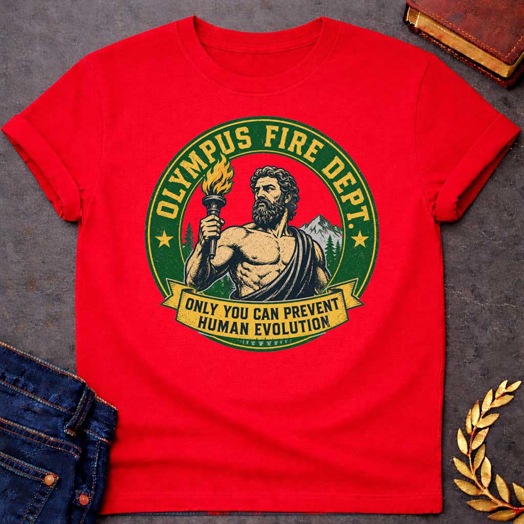 Red T-shirt with A satirical national park style badge featuring Prometheus or Zeus holding a burning torch. The central vector portrait is set against mountains and pine trees. A distressed green circular frame reads "OLYMPUS FIRE DEPT." in a bold yellow font flanked by two stars. A yellow banner draped across the bottom features the humorous tagline: "ONLY YOU CAN PREVENT HUMAN EVOLUTION" in clean block letters.