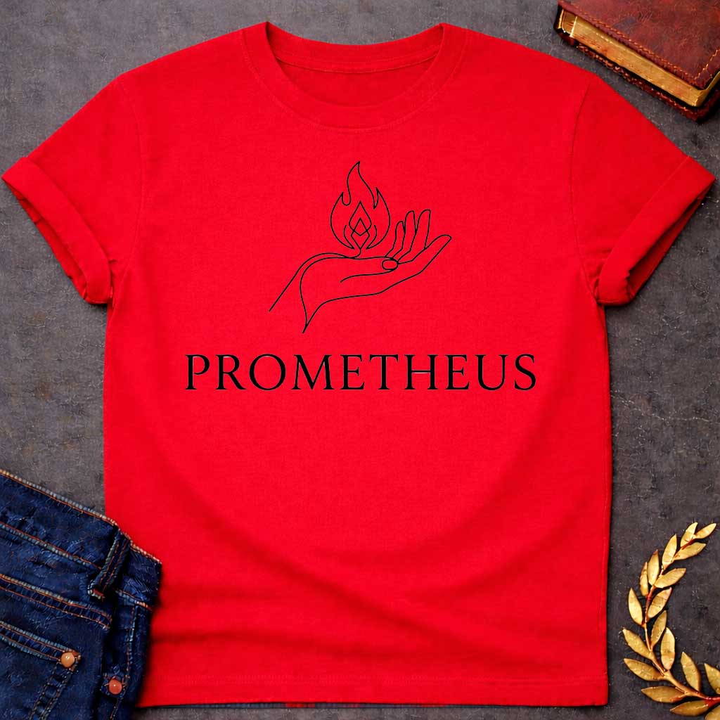 Red T-shirt with a Minimalist black line art illustration of an open hand holding a stylized flame above the palm. The continuous line drawing shows graceful fingers and a geometric fire symbol representing the gift of fire. Below, elegant serif text reads 'PROMETHEUS' in black. Clean, modern design references the Greek Titan who stole fire from the gods to give to humanity. Simple, symbolic imagery celebrating knowledge, innovation, and defiance of authority.
