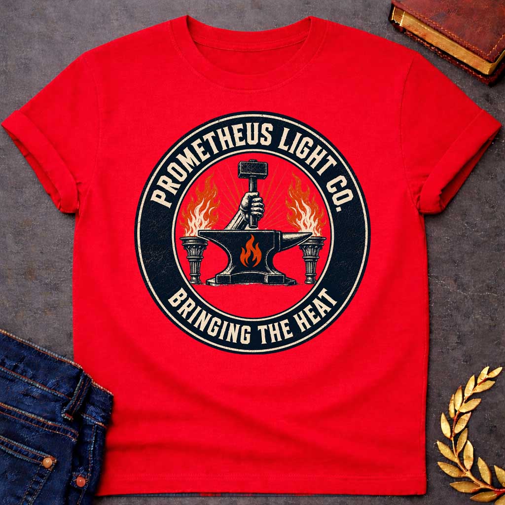 Red T-shirt with a vintage, distressed trade-logo style t-shirt design. The central graphic features a hand holding a blacksmith's hammer above a black anvil marked with an orange flame, flanked by two burning torches. A thick, dark circular frame encloses the scene, with cream-colored block text reading "PROMETHEUS LIGHT CO." arched along the top and the tagline "BRINGING THE HEAT" arched along the bottom
