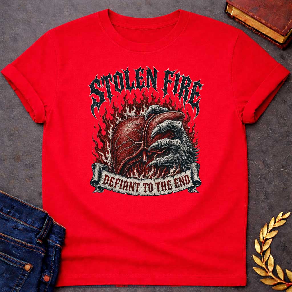 Red T-shirt with a heavy metal style graphic referencing Prometheus. It features a detailed, anatomical human liver gripped tightly by a large, feathered eagle claw, set against a background of roaring red flames. At the top, the words "STOLEN FIRE" are written in a jagged, distressed black metal font. A weathered scroll banner across the bottom reads "DEFIANT TO THE END" in a sharp, red gothic typeface.