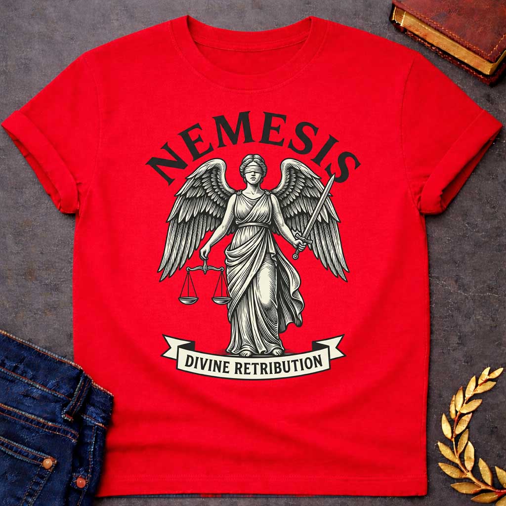 Red T-shirt with a Classical engraving-style illustration of Nemesis, the Greek goddess of divine retribution, depicted as a winged female figure in flowing robes. She holds balanced scales of justice in one hand and a sword in the other, symbolizing fair judgment and punishment. Her eyes are blindfolded. Bold text 'NEMESIS' curves above her head, with 'DIVINE RETRIBUTION' on a banner below. Black and cream line art style. References the goddess who ensures justice and punishes hubris.