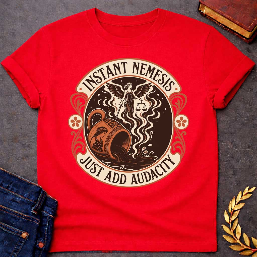 Red T-shirt with a Vintage product-label style circular design in terracotta, cream, and dark brown. Text reads 'INSTANT NEMESIS' at top and 'JUST ADD AUDACITY' at bottom. Center features Nemesis, the winged Greek goddess of retribution, holding scales of justice above a spilling Greek vase with a classical Greek warrior profile. Swirling smoke rises from the vessel. Ornate Art Nouveau flourishes and floral medallions frame the design. Humorous take on Greek mythology and divine consequences.
