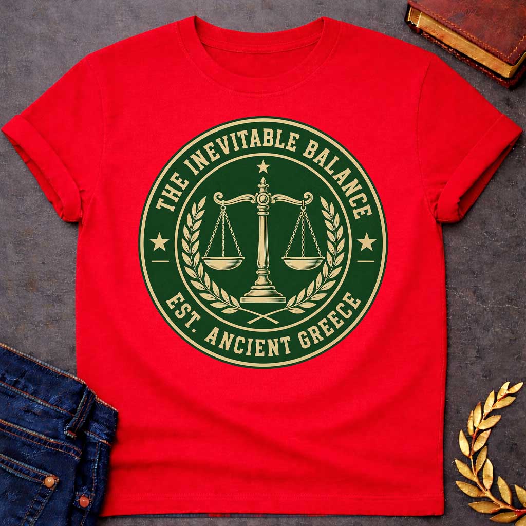 Red T-shirt with a Circular seal design in forest green and cream featuring balanced scales of justice at center, with a torch flame above. Olive wreaths frame the scales on either side. Stars appear at cardinal points. Text reads 'THE INEVITABLE BALANCE' around top arc and 'EST. ANCIENT GREECE' along the bottom. Classic emblem style referencing Nemesis, the Greek goddess of divine retribution and cosmic balance. Formal, authoritative design celebrating justice and equilibrium.