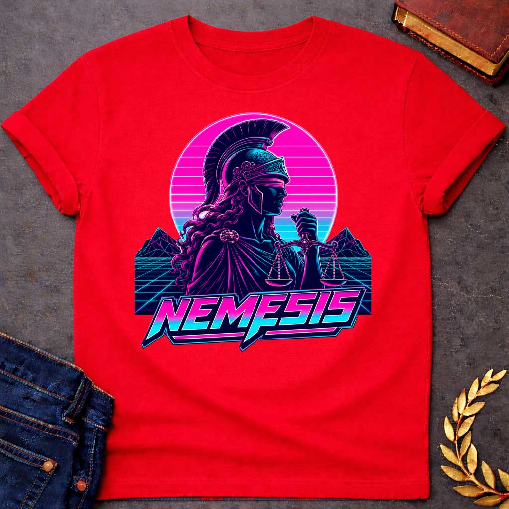 Red T-shirt with a vaporwave-style retro illustration of Nemesis, the Greek goddess of divine retribution, rendered in neon magenta, cyan, and purple. She wears a crested Corinthian helmet and flowing robes, holding scales of justice. Behind her, a geometric sun with horizontal gradient stripes in pink and blue. Stylized mountains and grid landscape below. Bold neon text reads 'NEMESIS' in futuristic lettering. 1980s synthwave aesthetic celebrating the goddess of  balance and justice.