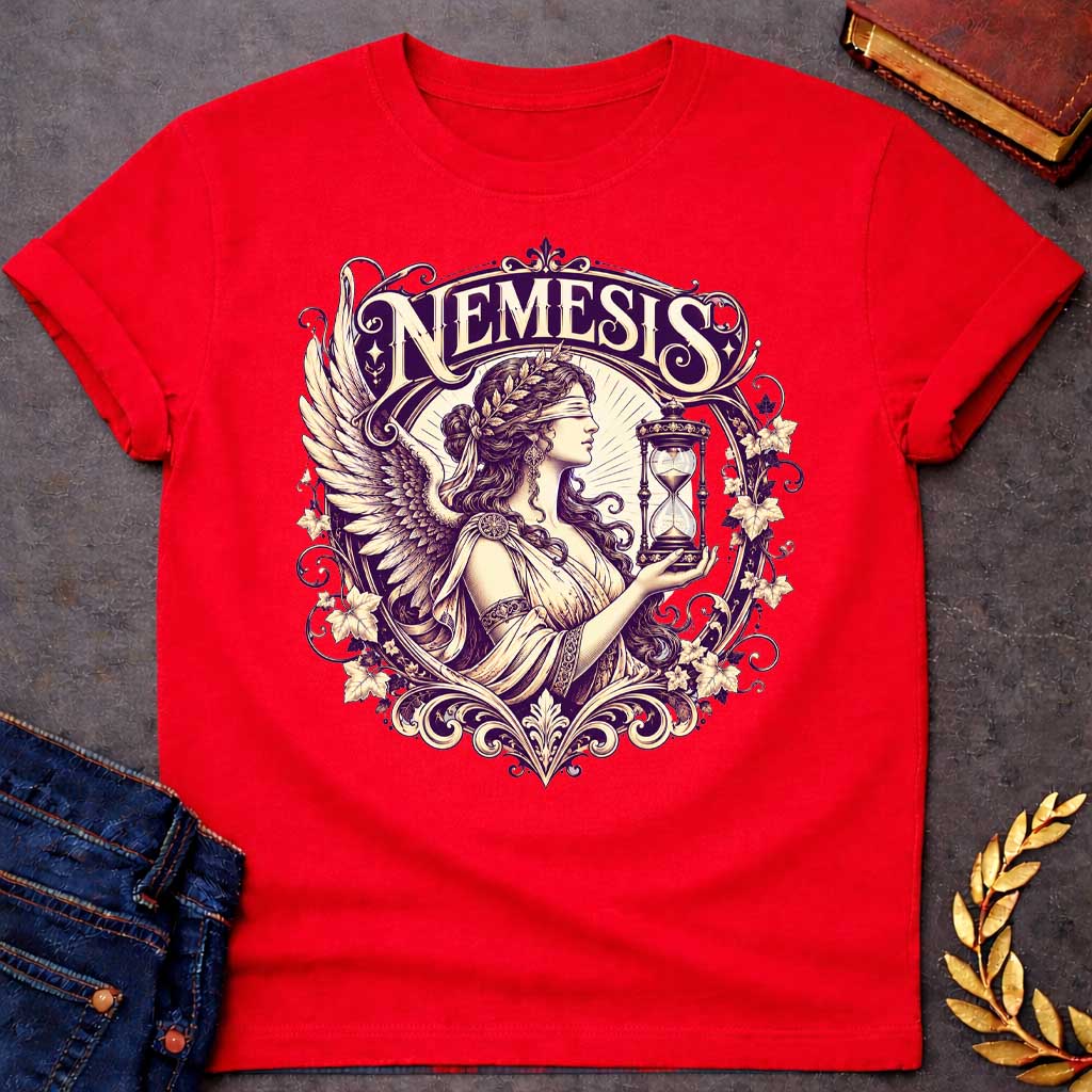 Red T-shirt with an Ornate Victorian-style illustration of Nemesis, the Greek goddess of divine retribution, rendered in purple and cream. She wears an ornate headband, flowing robes, and large detailed wings. She holds an hourglass symbolizing time and inevitability. Elaborate Art Nouveau decorative frame features scrolling flourishes, ivy leaves, and flowers surrounding the figure. Ornamental typography reads 'NEMESIS' at top in elegant serif lettering. References the goddess who ensures karmic justice an