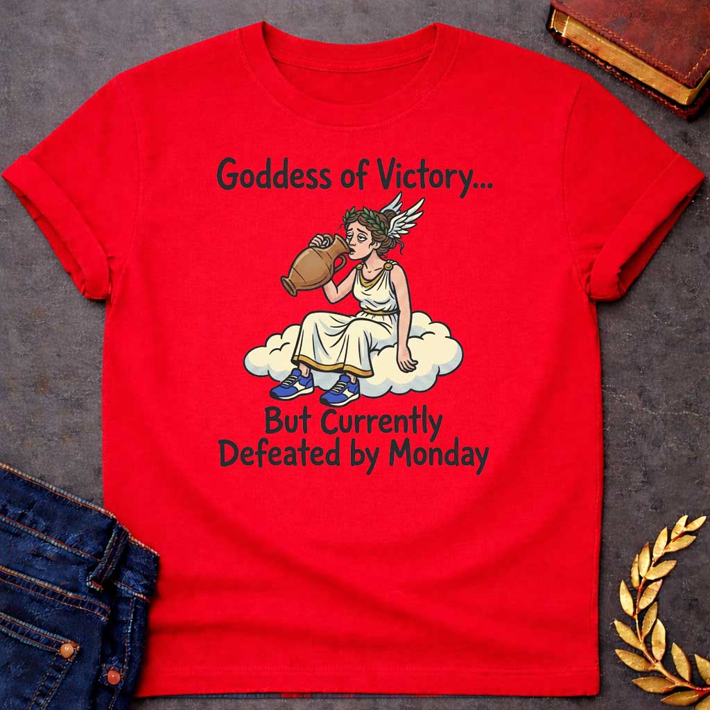 Red T-shirt with a humorous cartoon of Nike, the Greek goddess of victory, sitting exhausted on a cloud. She wears a cream chiton with gold trim and laurel wreath, holding a large victory amphora. Modern blue sneakers provide comedic contrast. Text reads 'Goddess of Victory...' above and 'But Currently Defeated by Monday' below. Blends classical Greek mythology with relatable modern humor about Monday exhaustion and weekly workplace struggles.