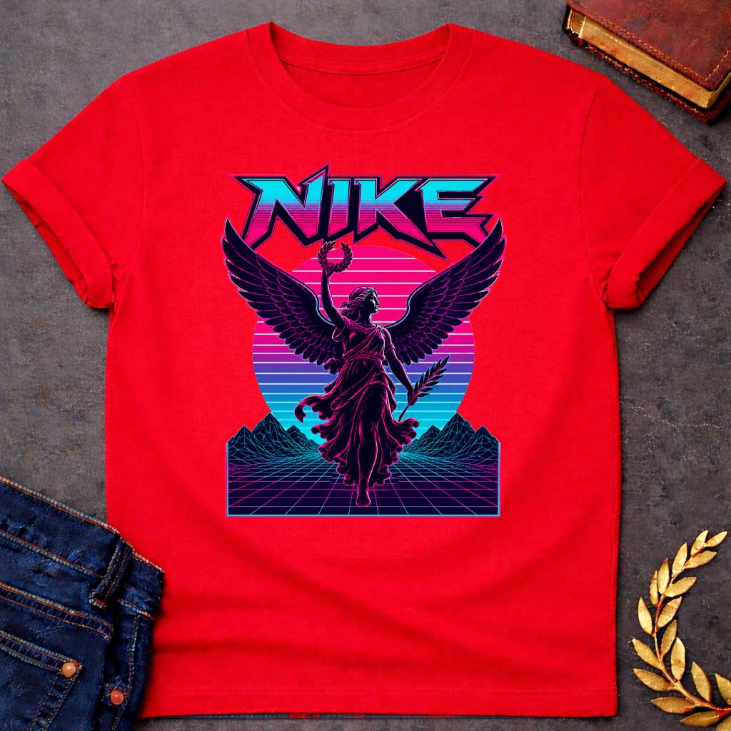 Red T-shirt with a Vaporwave-style illustration of Nike, the Greek goddess of victory, rendered in neon magenta and cyan. She wears flowing robes with large detailed wings, holding a laurel wreath and palm frond. Bold angular text 'NIKE' appears above in magenta lettering. Geometric mountains and grid landscape create a synthwave aesthetic. Horizontal gradient bands in magenta, purple, and cyan evoke 1980s digital design. Blends classical mythology with modern vaporwave art.