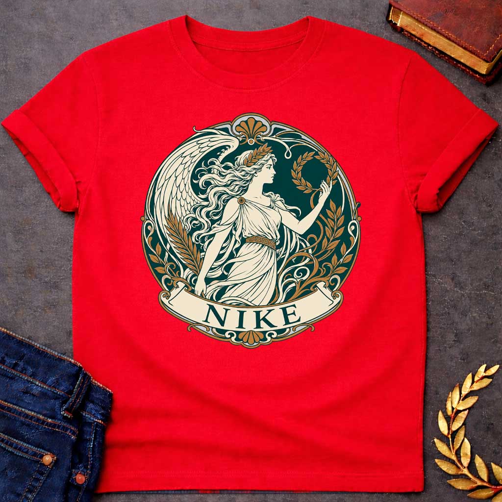 Red T-shirt with a Classical medallion design in teal, cream, and gold depicting Nike, the Greek goddess of victory. She wears a flowing chiton and holds a laurel wreath, shown in profile with long wavy hair crowned by another laurel wreath. Large detailed wings extend behind. Ornate Art Nouveau border features scrollwork, gold floral elements, and Greek key patterns. Banner below reads 'NIKE' in teal. Celebrates victory, achievement, and athletic glory in classical style.
