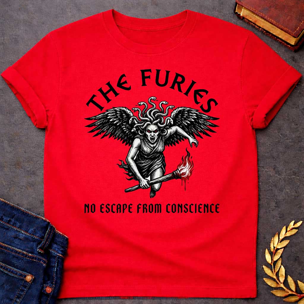 Red T-shirt with a Dramatic illustration of the Furies, the Greek goddesses of vengeance and punishment. A winged female figure with serpents for hair and red glowing eyes holds a flaming torch. Bold black engraving style with red flame accents. Large dark wings extend from her back, and her expression is fierce and angry. Text reads 'THE FURIES' above and 'NO ESCAPE FROM CONSCIENCE' below. References the Erinyes, divine agents of justice pursuing the guilty.