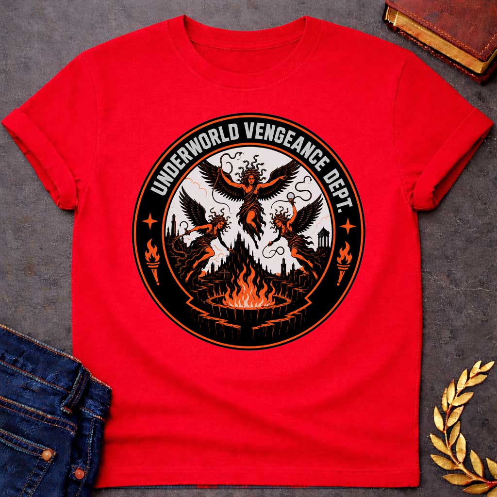 Red T-shirt with an Official seal for the 'Underworld Vengeance Department,' a parody blending Greek mythology with government bureaucracy. Three winged Furies with serpent hair occupy the center in orange and black. A dark gothic underworld landscape with towers sprawls below. Large flaming torches frame the design. Four-pointed stars accent the circular seal border. Black, orange, and cream colors create an official emblem celebrating divine vengeance as institutional authority.