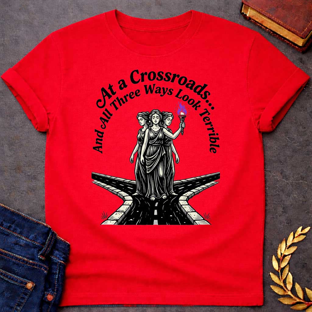 Red T-shirt with an Illustration of the Hecate at a crossroads, rendered in black and white engraving style. The figures wear flowing robes and stand together, with the center holding a flaming torch with purple flames. Text reads 'At a Crossroads: And All Three Ways Look Terrible,' humorously referencing difficult choices and Hecate’s role as goddess of the crossroads. Multiple roads branch beneath them in perspective, receding into darkness symbolizing uncertainty.