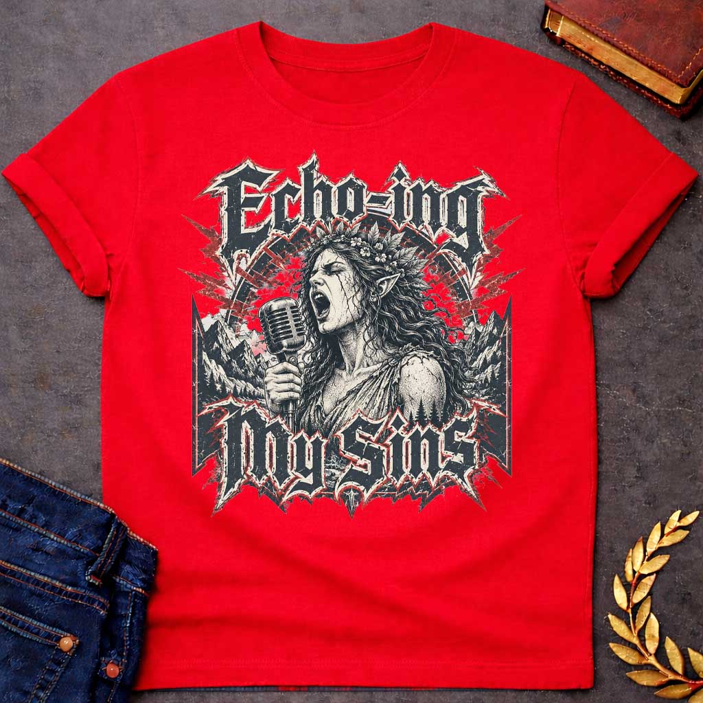 Red T-shirt with a Heavy metal band aesthetic featuring Echo from Greek mythology as a powerful vocalist. A woman with long wavy hair and leaf crown holds a vintage microphone, singing passionately. Black and white engraving style with red lightning accents. Dark mountainous landscape frames the scene. Text reads 'ECHO-ING MY SINS' in aggressive metal lettering with spiky ornamental borders. Clever wordplay combines the mythological nymph with modern rock rebellion and vocal empowerment.