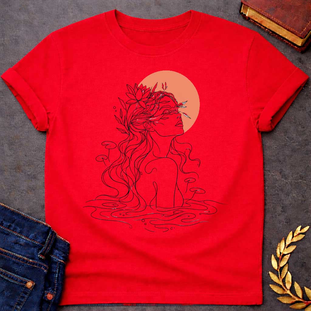 Red T-shirt with a minimalist, single-line art illustration of a water nymph. The design features the profile of a woman emerging from a stylized pond, with flowing hair adorned with water lilies and aquatic plants. The sun is represented by a solid, warm terracotta circle behind her head. The graphic uses fine black lines on a clean background, creating a serene, modern, and nature-inspired aesthetic