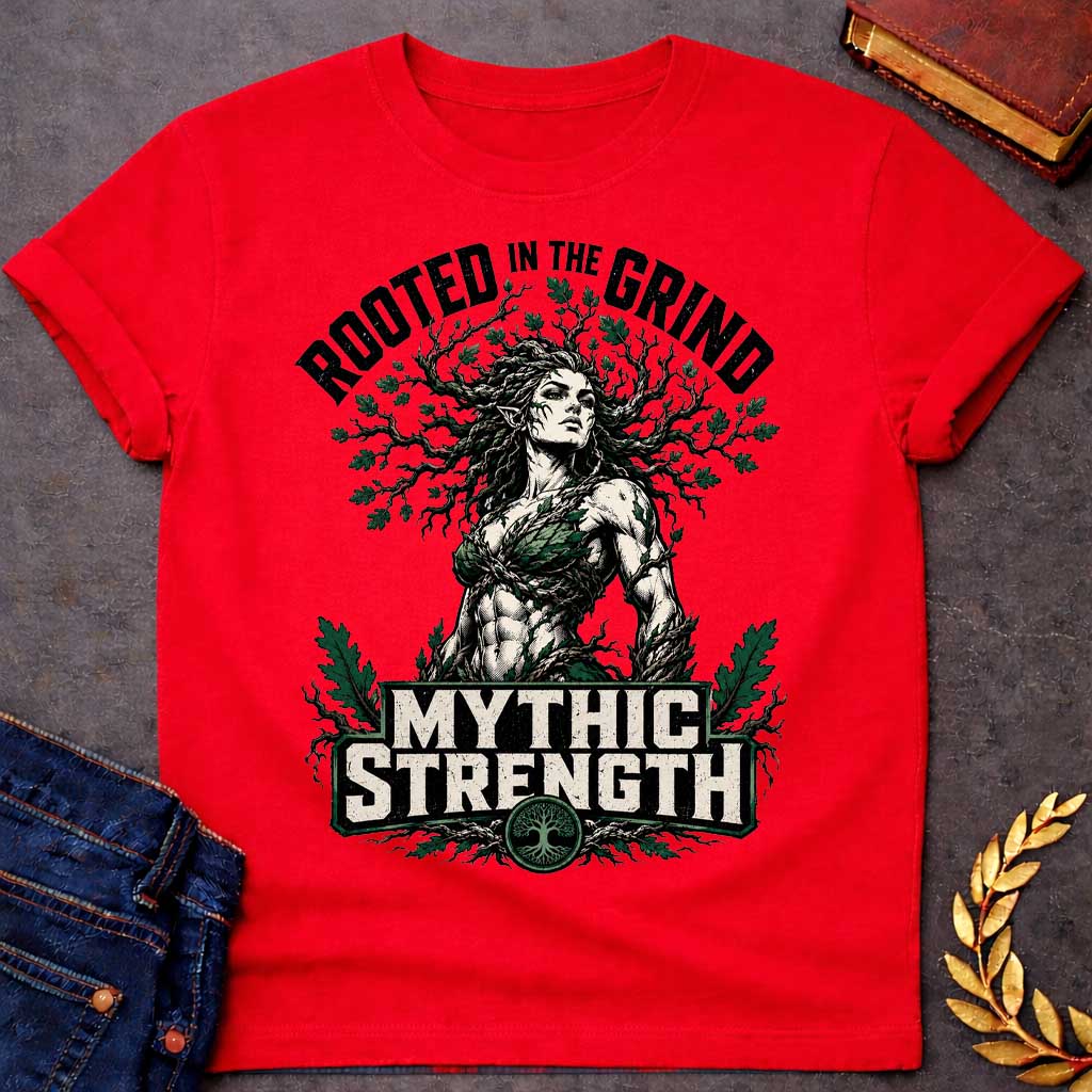 Red T-shirt with a gym-style Greek mythology t-shirt design featuring a highly muscular tree nymph. Her hair transitions into a massive, sprawling network of oak branches filled with green leaves. Arched above her is the text "ROOTED IN THE GRIND" in a distressed block font. Below her powerful physique, a bold green and white emblem reads "MYTHIC STRENGTH," anchored at the bottom by a circular tree of life icon
